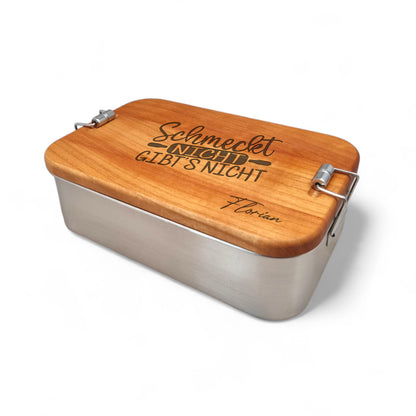 Lunchbox Edelstahl mit Holzdeckel Kirsch 20 x 13 x 6,5 cm