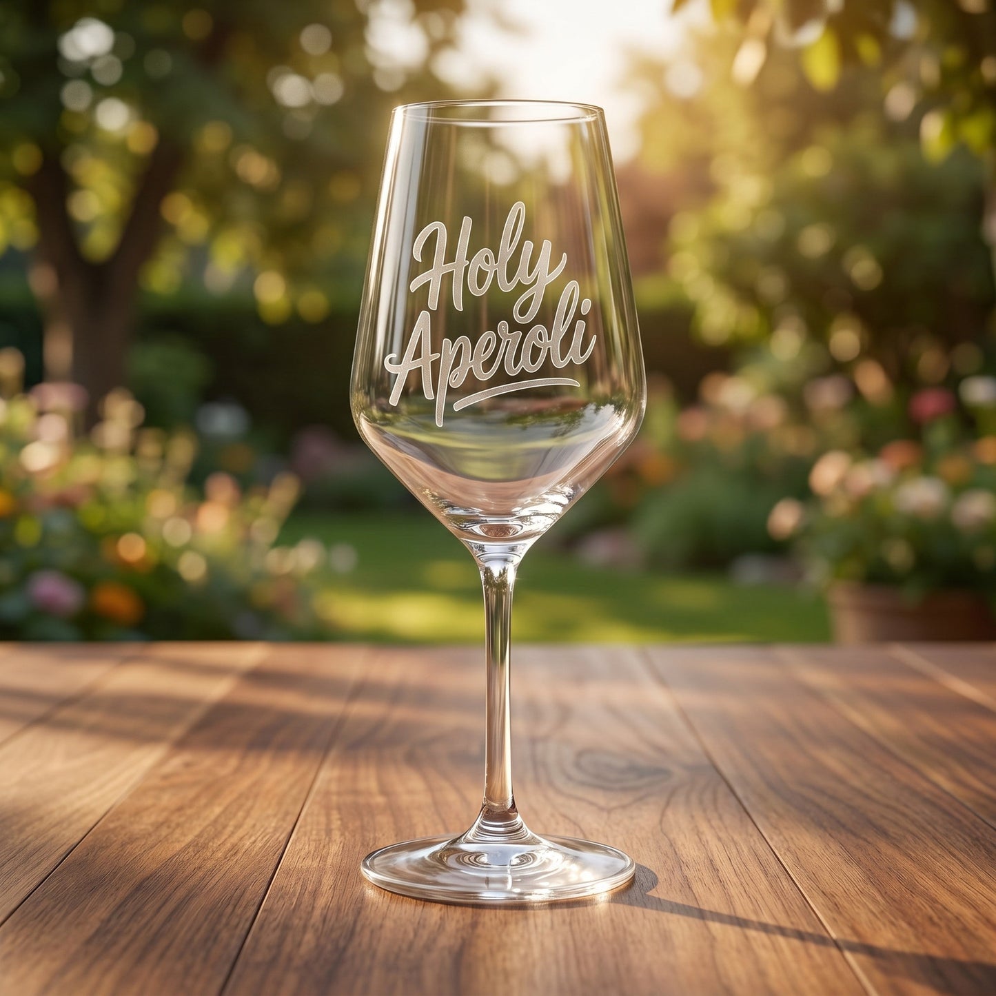 Weinglas Holy Aperoli leer auf Terrasse