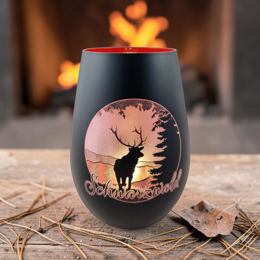 Schwarzwald Gravur matte black glass lantern with deer panorama laser engraving and red interior. 8cm x 12cm.