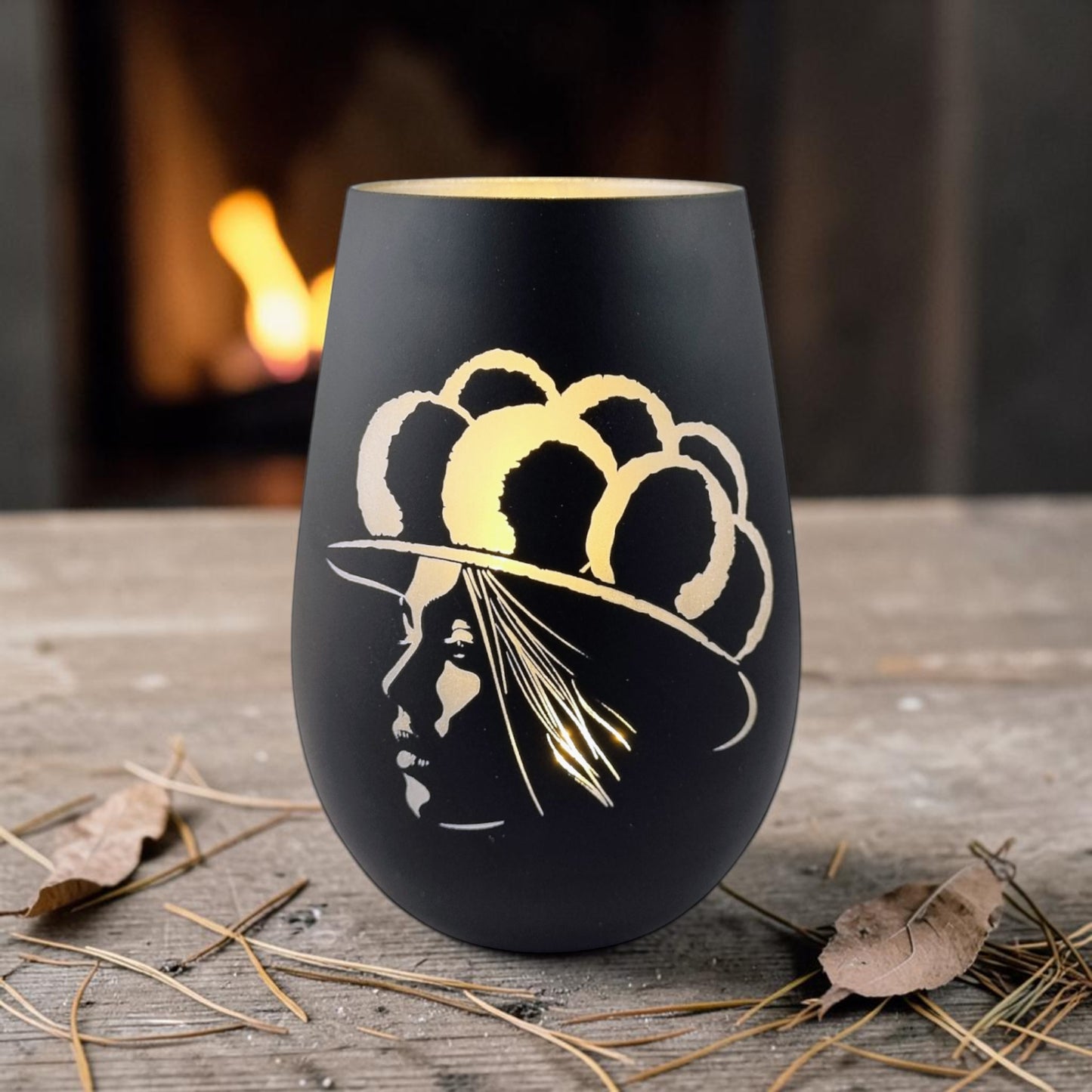Schwarzwald Gravur Black Forest Lady glass lantern with engraved profile and Bollenhut hat.