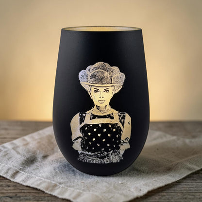 Schwarzwald Gravur black glass lantern with laser-engraved Trachten Maidle wearing a Bollenhut hat.