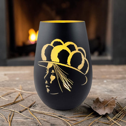 Schwarzwald Gravur black glass windlight with gold Bollenhut lady silhouette engraving. 8cm x 12cm.