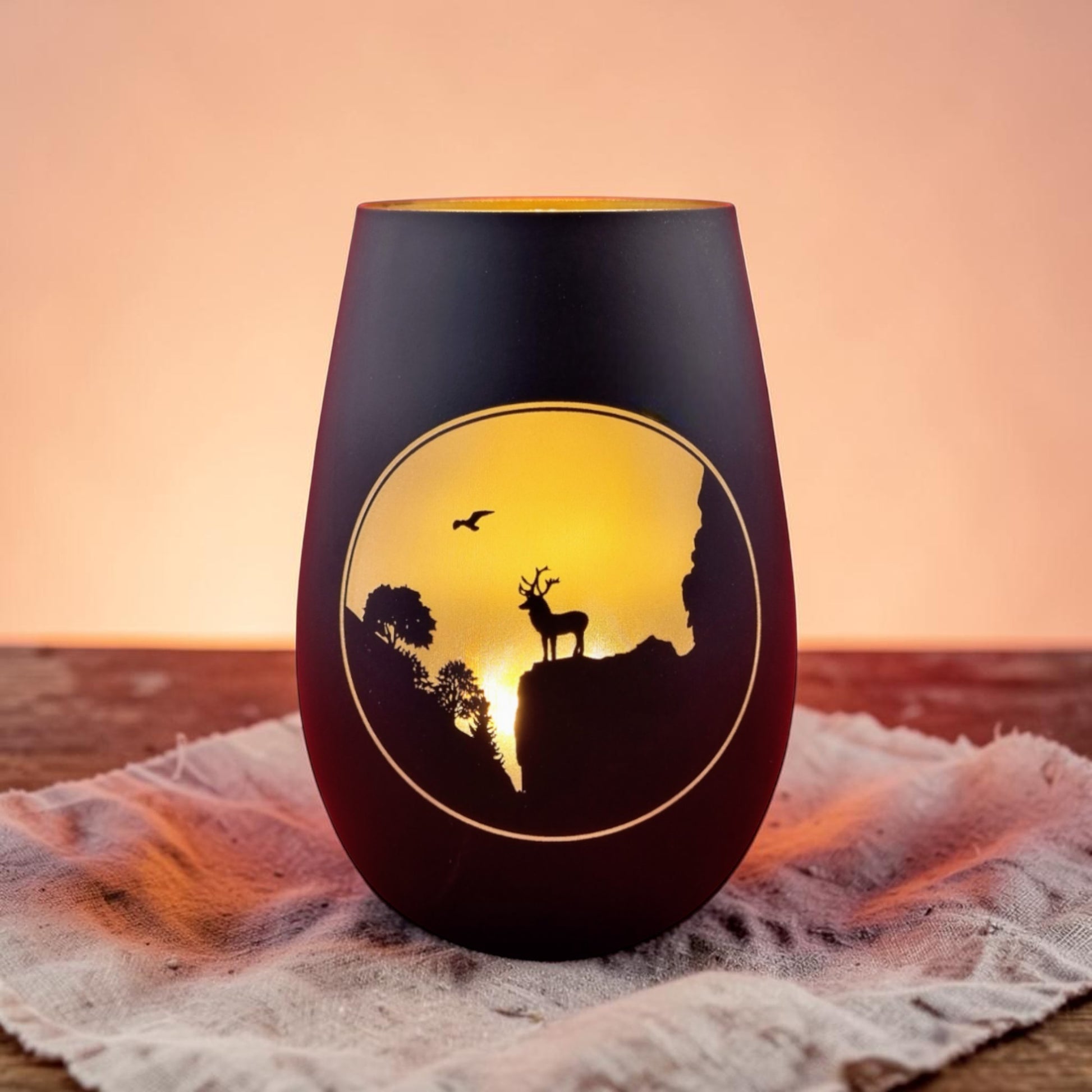 Schwarzwald Gravur glass hurricane lantern with deer silhouette at sunset, Made in Germany