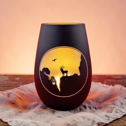 Schwarzwald Gravur glass hurricane lantern with deer silhouette at sunset, Made in Germany