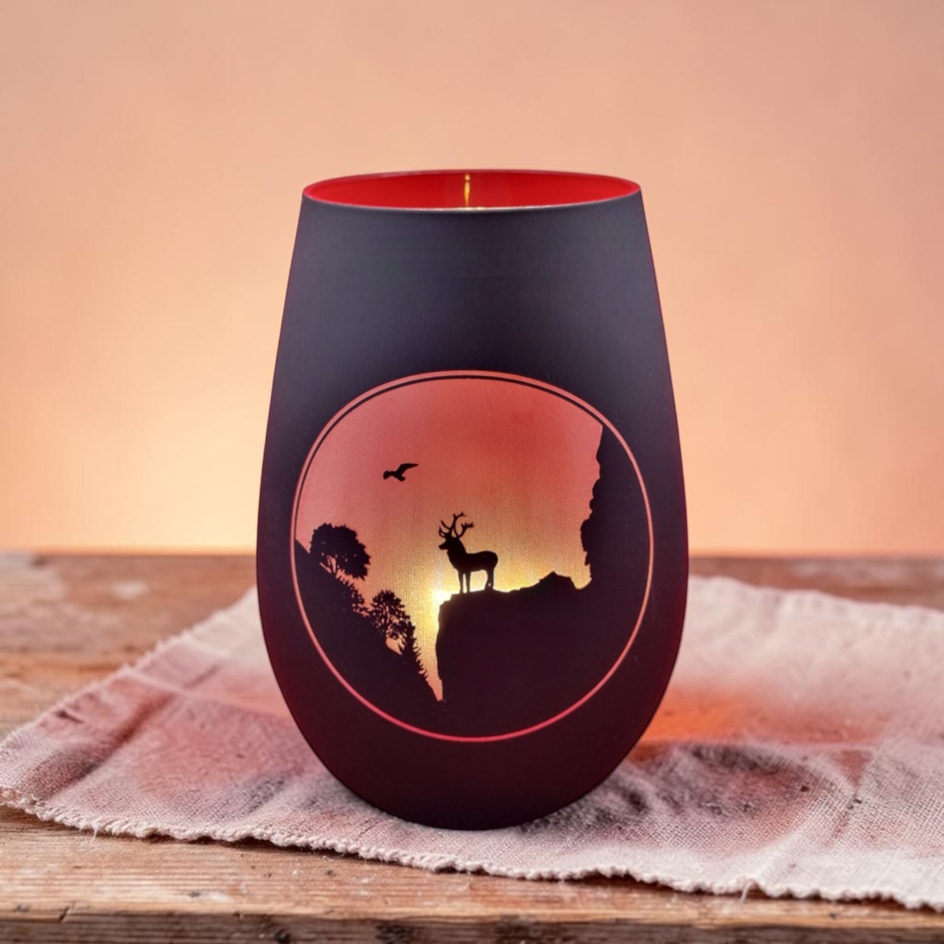 Schwarzwald Gravur glass lantern with deer silhouette at sunset, 8x12cm, Made in Germany