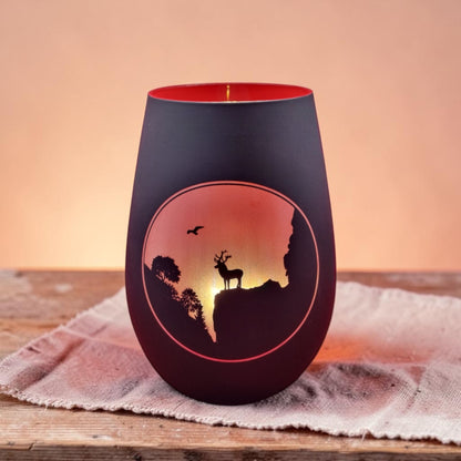 Schwarzwald Gravur glass lantern with deer silhouette at sunset, 8x12cm, Made in Germany