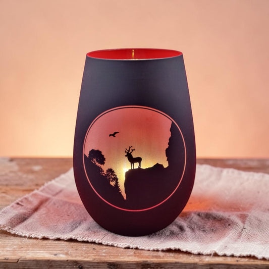 Schwarzwald Gravur glass lantern with deer silhouette at sunset, 8x12cm, Made in Germany