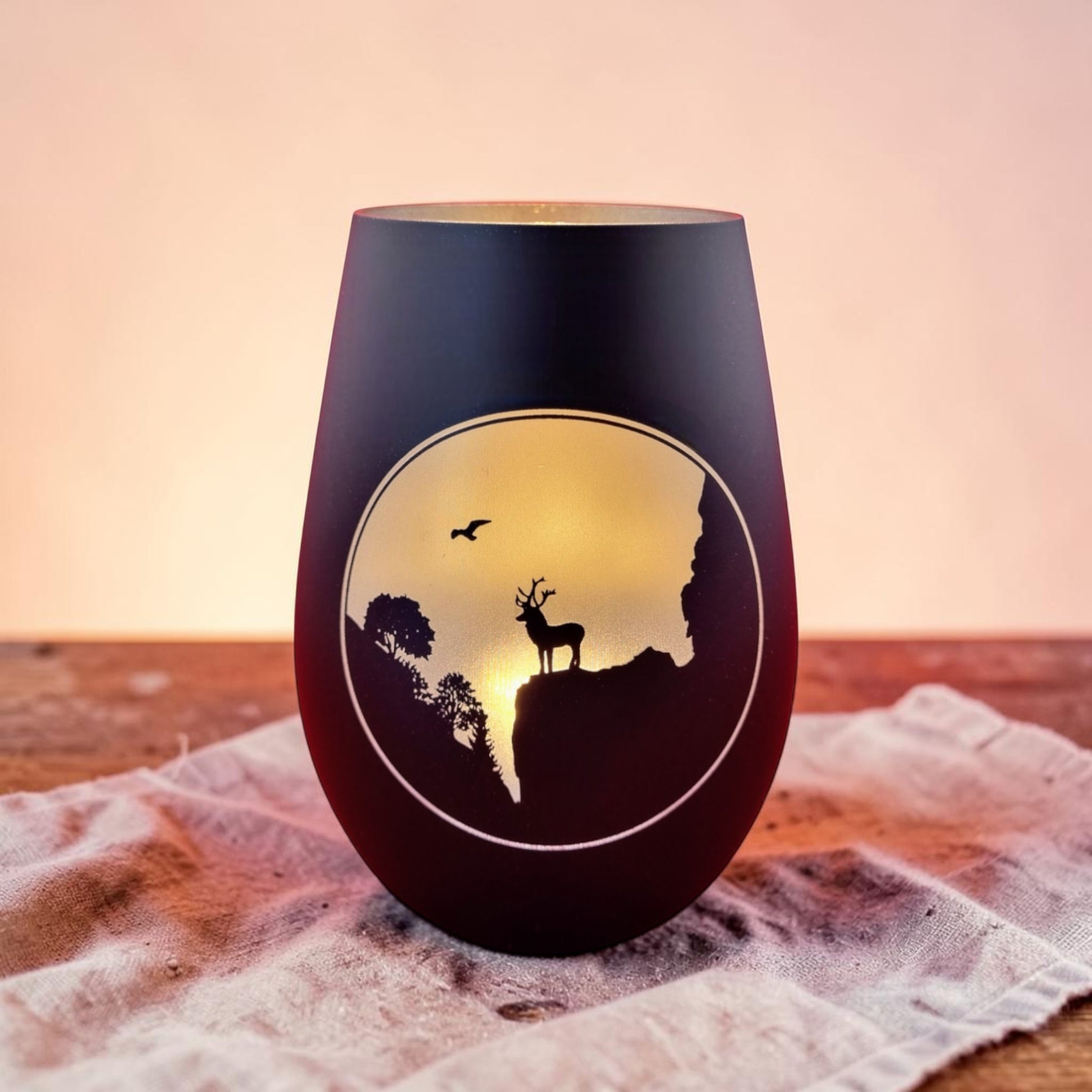 Schwarzwald Gravur glass hurricane lantern with deer silhouette at sunset, Made in Germany