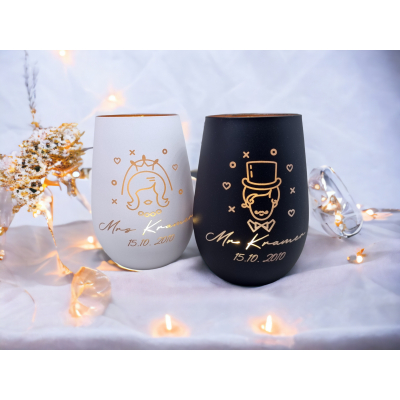 Graviertes Glaswindlicht Set - Mrs und Mr Motiv / Lasergravur / Personalisierte Hochzeitsdeko und Geschenk für Brautpaar